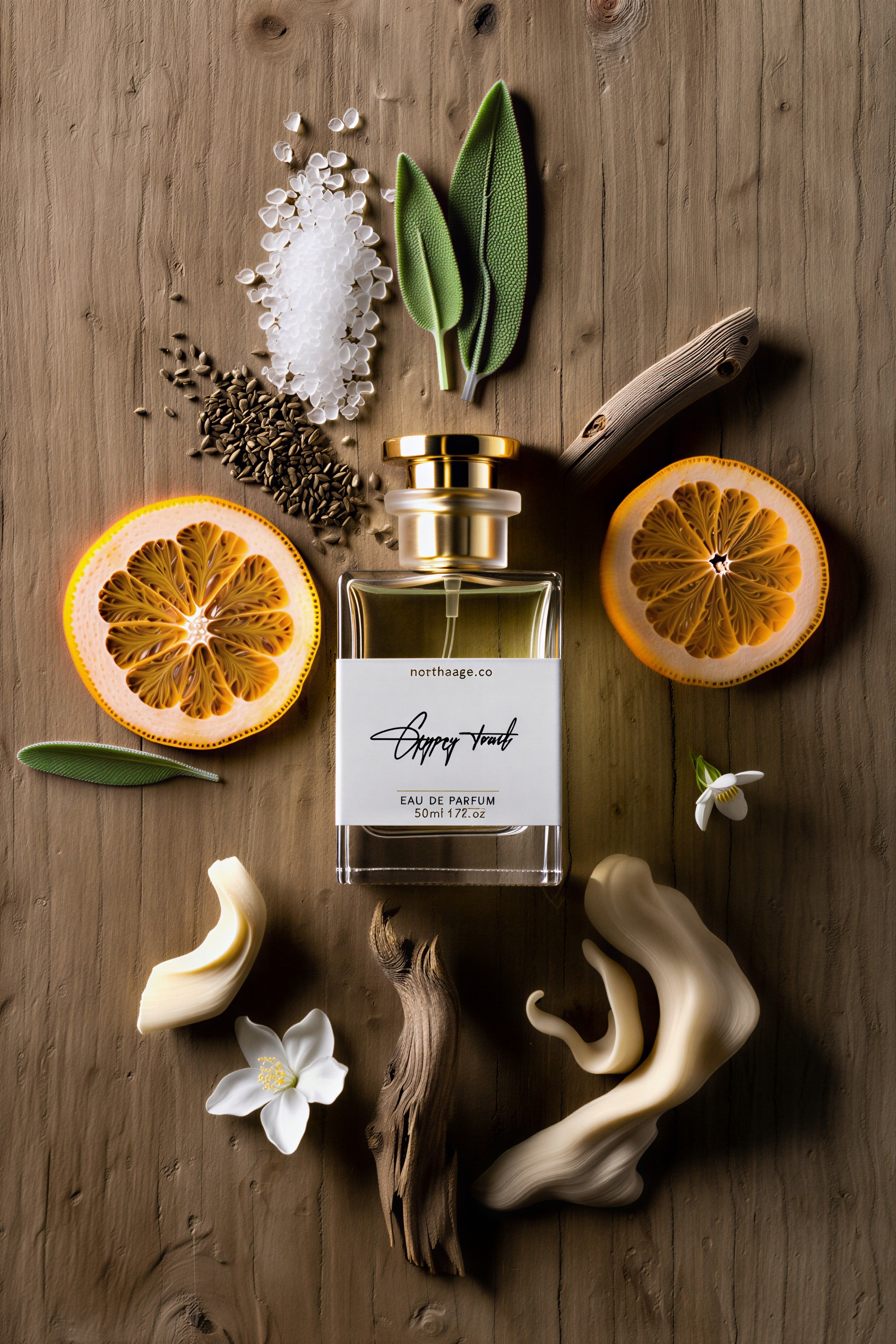 NORTHSAGE Gypsy Trail eau de parfum inspired by Jo Malone Wood Sage and Sea Salt, featuring a sleek glass bottle with a minimalist design.